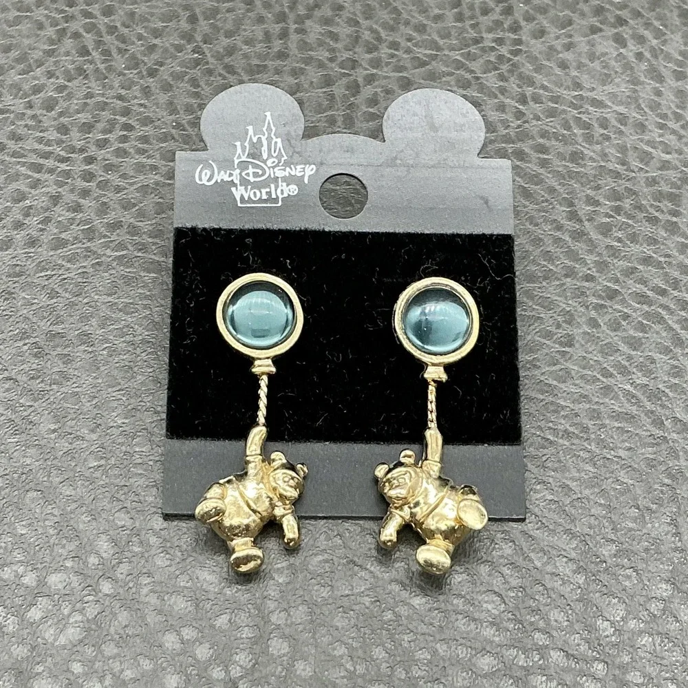 Disney Earrings Gold Tone Blue Glass Dangle Drop‎ Womens Pooh Bear Jewelry